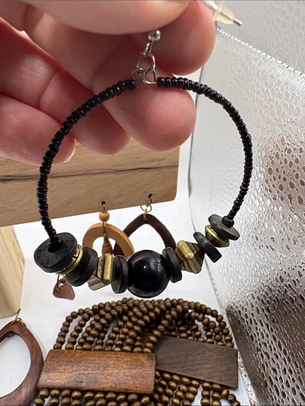 Bohemian Wood Beaded Bracelet and Earrings - Picture 3 of 4